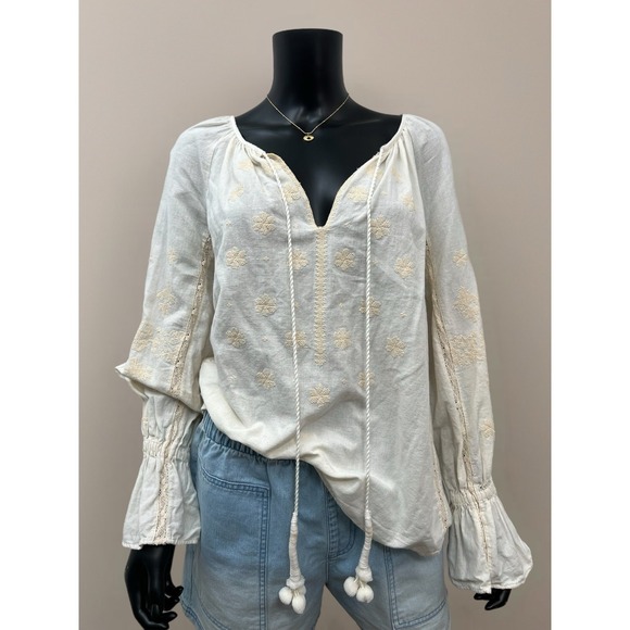 Zara Women's peasant boho cotton/ linen embroidered long poet sleeve blouse M - Picture 1 of 9
